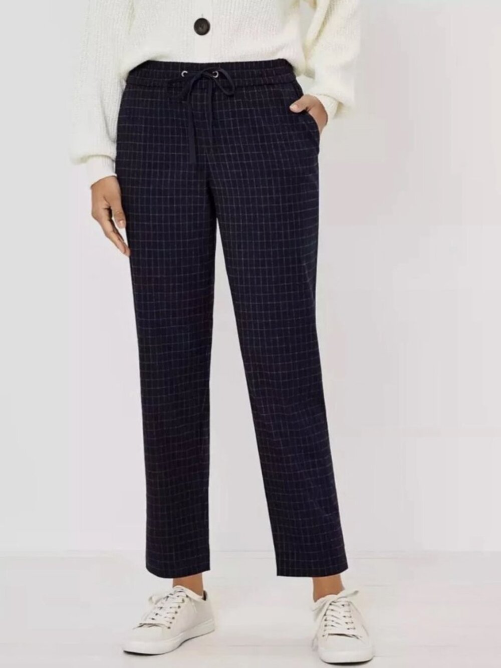 LOFT Navy Blue Tapered Pull On Pants in Windowpane Brushed Flannel, MED